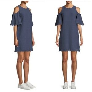 NWT Milly Neiman Marcus Denim-Knit Cold-Shoulder Fringe Dress - Size XS Petite